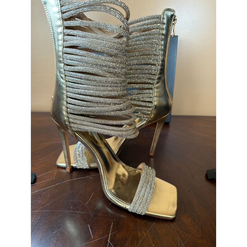 Gold Rhinestone Multi Strap Gladiator Stiletto Heels Square Toe Sandals 4.5"